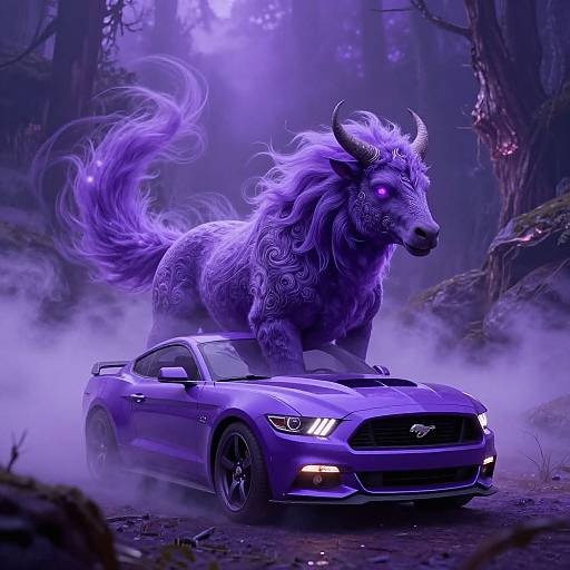 Digital artwork of a mystical purple unicorn with glowing eyes standing on a futuristic, glowing purple Ford Mustang in a foggy, enchanted forest.