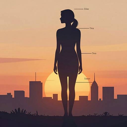 Silhouette of a woman with labeled body parts against a vibrant orange sunset and city skyline, featuring skyscrapers and a sun. Digital illustration.