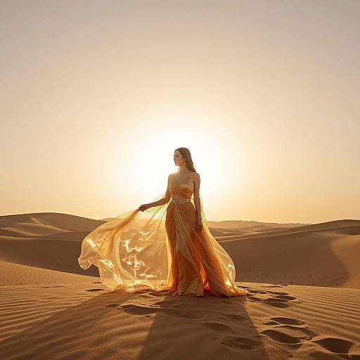 Photograph of a woman in a flowing, golden gown standing in a sunlit desert, holding her dress, with sand dunes in the background at