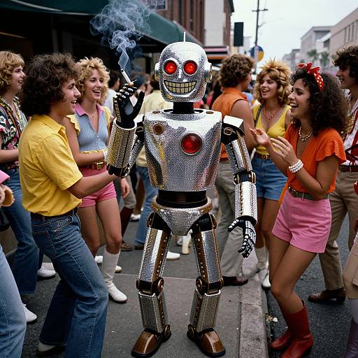 Photograph of a silver robot with red eyes and a grinning mouth, smoking, surrounded by laughing, retro-dressed people in a street parade.