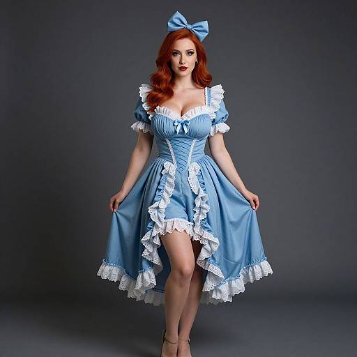 Photograph of a fair-skinned, red-haired woman in a blue Alice in Wonderland-style dress with white lace trim, bow, and heels, standing