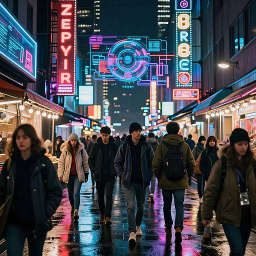 Photograph of a neon-lit, rainy urban street at night, with diverse pedestrians walking under vibrant, colorful signs, including 