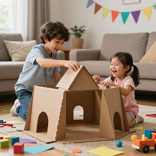 Siblings Building Cardboard Fort