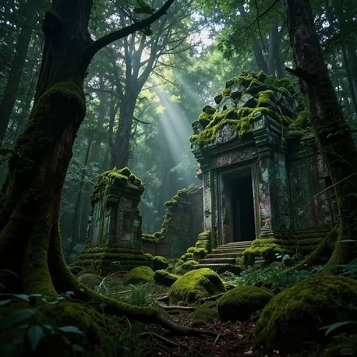 Photograph of a moss-covered, ancient temple ruin in a dense, misty forest, with sunlight filtering through tall trees, creating a mystical atmosphere.