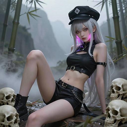 Silver-Haired Anime Girl Amid Skulls