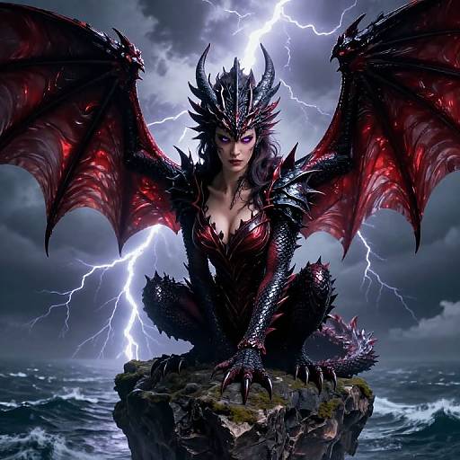 Digital art: Dark, fierce female demon with black scales, red wings, and purple eyes, sitting on a rocky island, lightning storm behind.