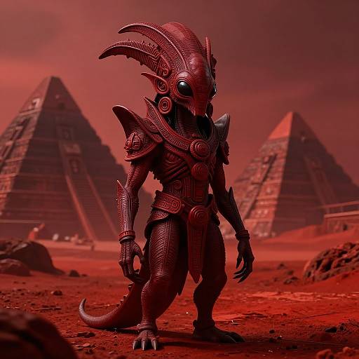 Red-lit digital artwork of a reptilian, armored alien with intricate headgear, standing between ancient pyramids in a desolate, rocky desert.