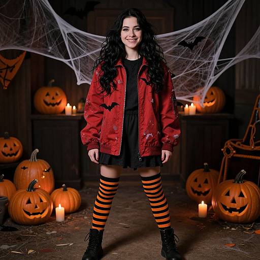 Photograph of a smiling young woman with long black hair, wearing a red bat-embroidered jacket, black dress, orange-striped stockings, and