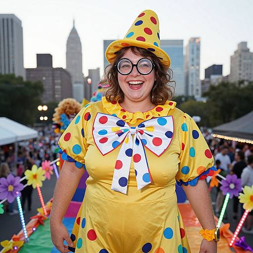 Photograph of a smiling, curvy woman in a yellow polka-dot clown costume with round glasses, standing in a busy city street during a colorful