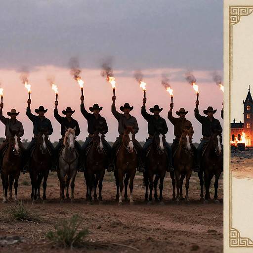 Cowboys on horseback raising torches at dusk