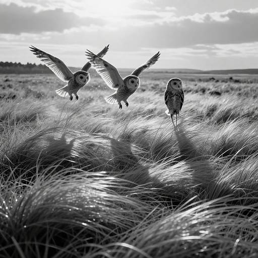 Black-and-white photograph of three flying owls over a grassy field, with sunlight casting long shadows, creating a dramatic, ethereal scene.