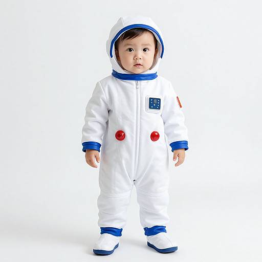 Photograph of a toddler in a white astronaut suit with blue trim, red buttons, and a hood, standing against a plain white background.