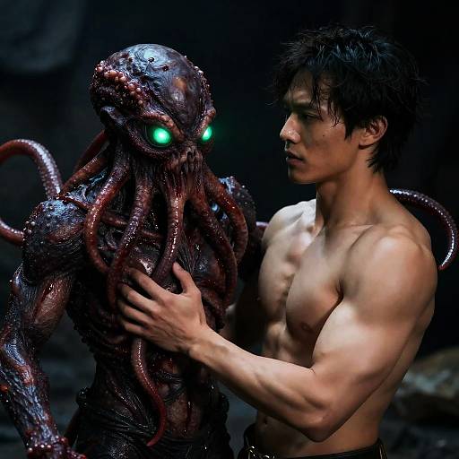Muscular Hero Confronts Monstrous Creature