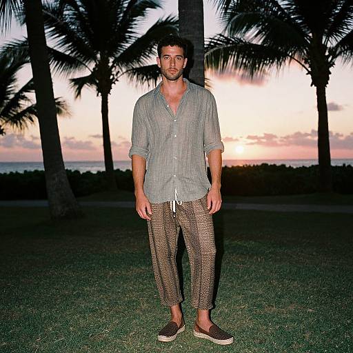 Photograph of a bearded man with short dark hair, wearing a grey checkered shirt, brown patterned pants, and brown loafers, standing