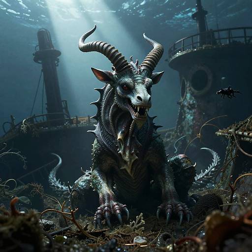 Digital artwork of a menacing, horned, dragon-like creature with spiked scales, glowing eyes, and sharp teeth, sitting amidst an underwater, abandoned ship