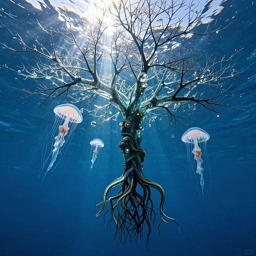 Surreal Glass Tree in Sky-Ocean