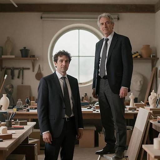 Two Men in Cluttered Workshop