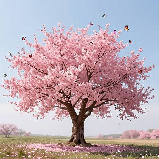 Photograph of a vibrant pink cherry blossom tree with numerous butterflies, set against a clear blue sky and grassy field.