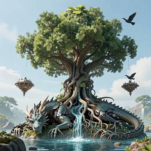 Digital fantasy artwork of a massive tree with intertwined dragon roots, waterfalls, hanging lanterns, and birds, set in a vibrant, blue-sky