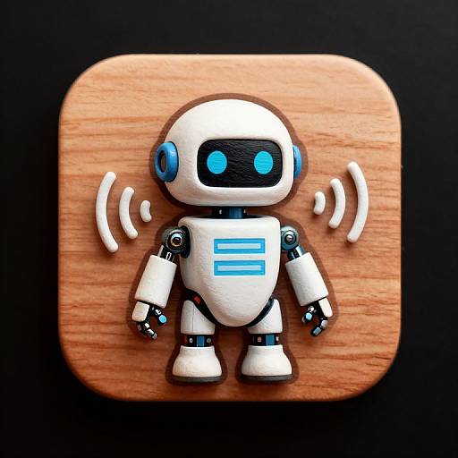 Digital illustration of a cute, white, cartoon robot with blue eyes and glowing lines, standing on a wooden background with signal lines around its head.
