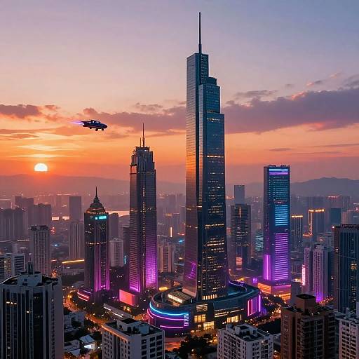 Photograph of a futuristic cityscape at sunset, featuring towering skyscrapers with neon purple and blue lights, a helicopter in the sky, and an
