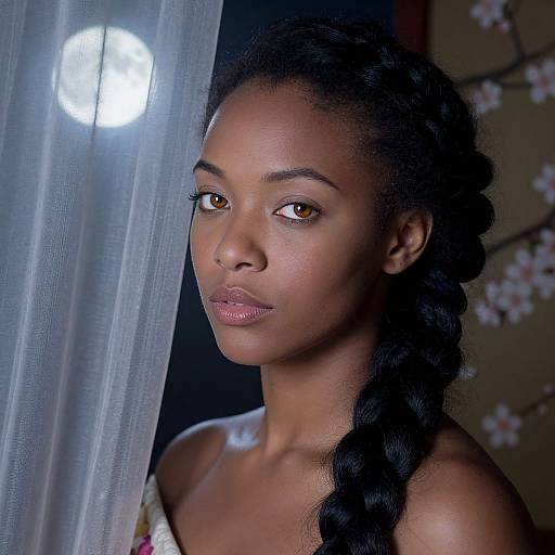 Photograph of a beautiful Black woman with smooth dark skin, brown eyes, and a long braid, standing by a lit window with floral-patterned