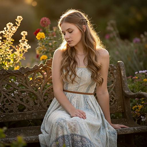 Photograph of a young woman with long, wavy brown hair, wearing a white, lace-patterned dress, sitting on an ornate, wrought