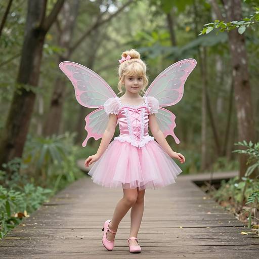 Young Girl in Pink Fairy Costume in Forest