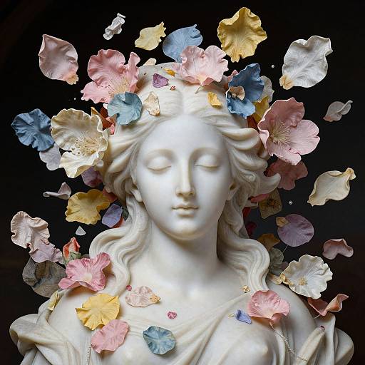 Photograph of a white marble statue with serene, closed eyes, adorned with colorful, floating flower petals in pink, blue, yellow, and white.