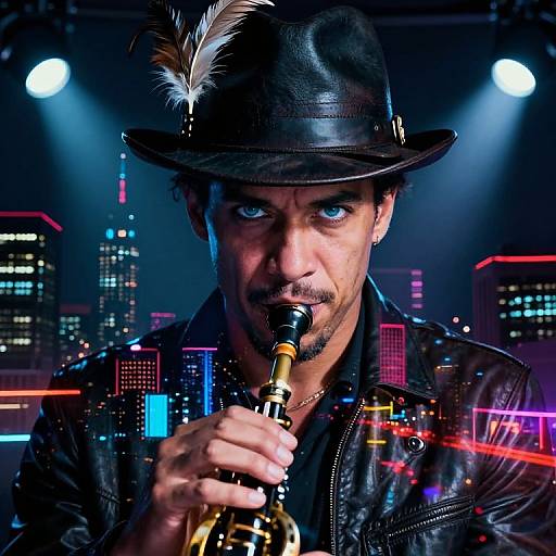 Photograph of a blue-eyed man with a goatee, black leather jacket, and feathered hat, playing a clarinet against a neon-lit