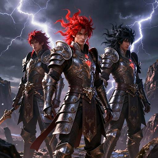 Digital artwork of three fierce, armored warriors with red and black hair, standing back-to-back amidst a stormy sky with lightning.