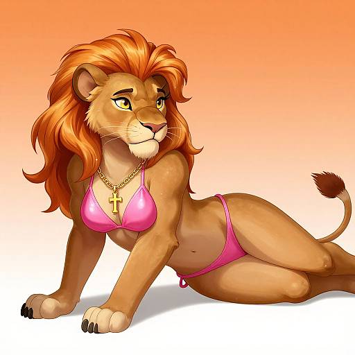 Anthropomorphic Lioness in Pink Bikini
