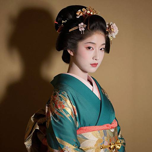 Photograph of a young Japanese woman in a green kimono with gold and red patterns, adorned with floral hair accessories, against a beige background.