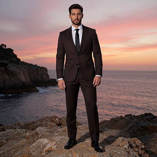 Photograph of a bearded man in a black suit, white shirt, and black tie, standing on rocky cliffs at sunset with a colorful sky and