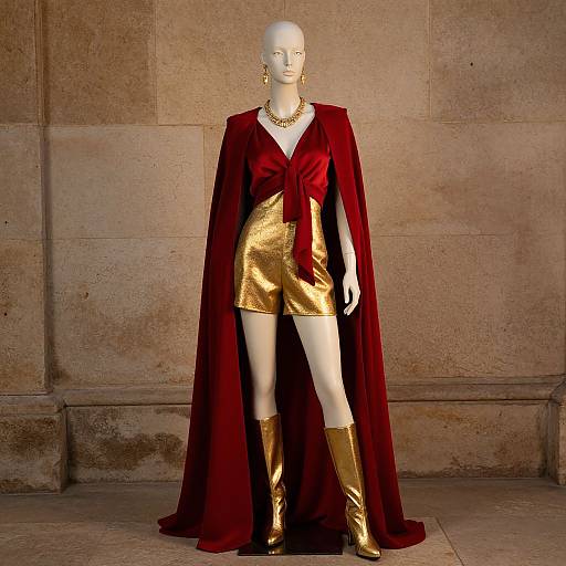 Photograph of a bald, white mannequin wearing a red velvet cape, gold metallic shorts, gold boots, and a gold necklace against a beige