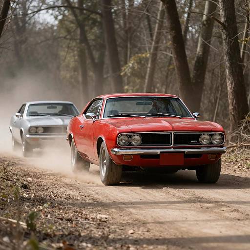 Classic Cars on a Dusty Forest Road