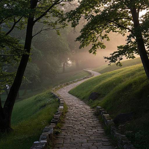 Photograph of a misty, sunlit stone path winding through lush green hills, bordered by tall trees, with soft morning light filtering through the leaves