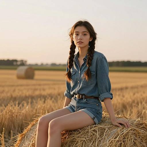 Young Woman Sitting on Hay Bale at Sunset