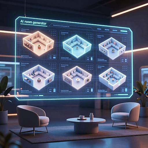 Digital room planner in a futuristic showroom with neon blue holographic interface, white chairs, and a round table, displaying six illuminated, 3D room