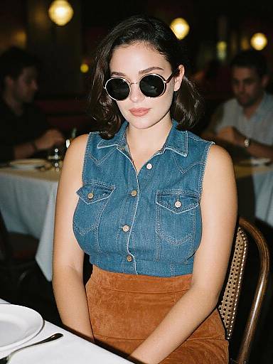 Photograph of a young woman with dark hair, wearing round sunglasses, blue denim sleeveless top, and brown suede high-waisted skirt, seated