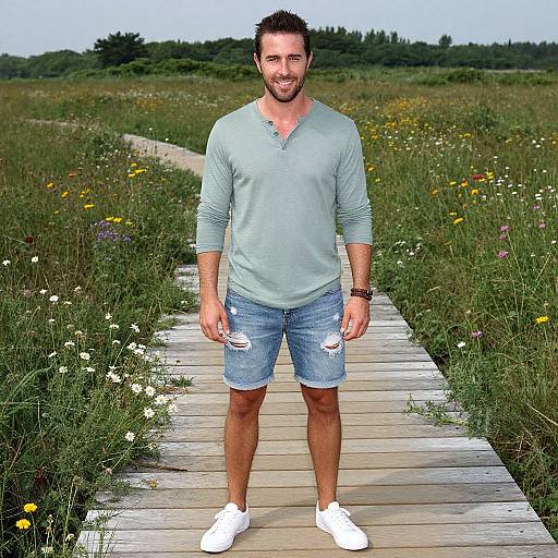 Photograph of a bearded, muscular man with short brown hair, wearing a light blue long-sleeve shirt, distressed denim shorts, and white