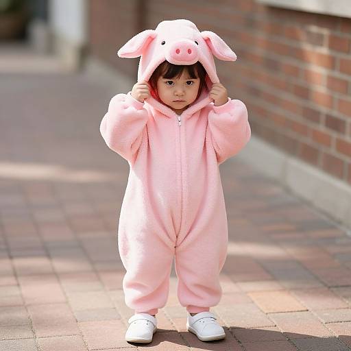 Photograph of a serious-looking Asian toddler in a pink pig-themed onesie with ears, standing on a brick-paved sidewalk.