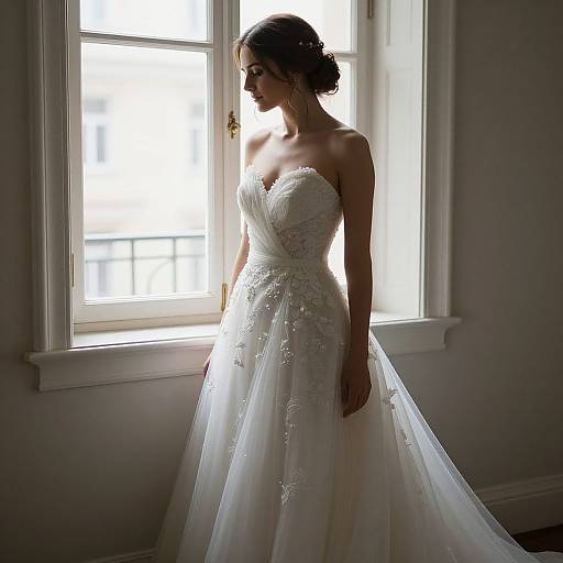 Photograph of a silhouetted bride in a strapless, white lace and tulle wedding gown, standing in a softly lit room by a