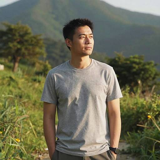Photograph of a young Asian man with short black hair, wearing a light gray t-shirt and gray pants, standing outdoors with a mountain in the background