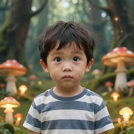 Child in Fairytale Forest with Glowing Mushrooms
