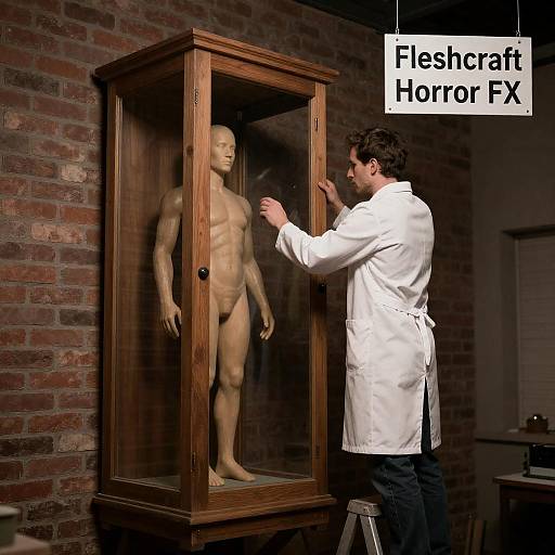 Man Working on Human-like Figure in Glass Display Case