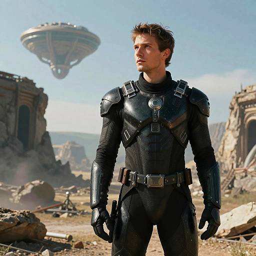 Hero in Sci-Fi Armor on Alien Ruins