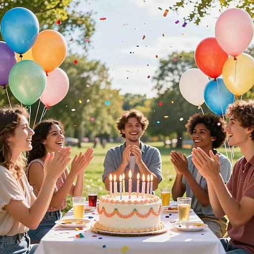 Photograph of four happy, diverse friends clapping around a lit birthday cake on a sunny outdoor table, surrounded by colorful balloons.