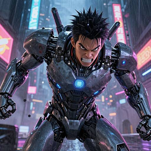 Cyborg anime warrior with spiky black hair, glowing blue chest emblem, clenched teeth, and robotic armor, fighting in a neon-lit,