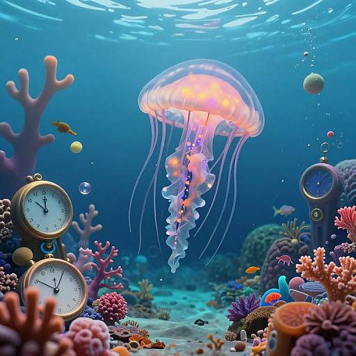 Photograph of an underwater coral reef with a glowing jellyfish, surrounded by colorful corals, fish, and three floating vintage clocks.